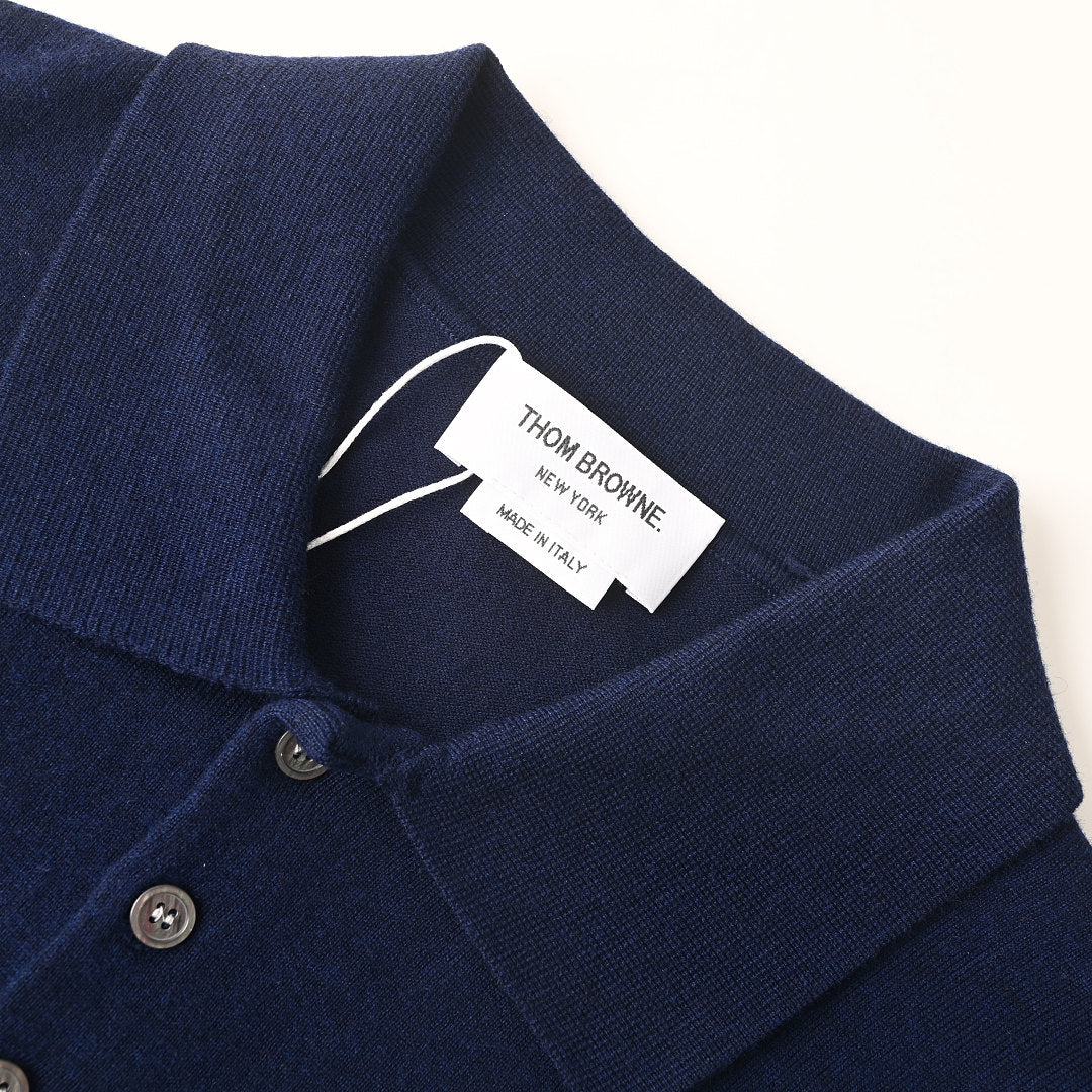 Thom Browne Tennis Racket Embroidery 4-Bar Knit Polo – Navy