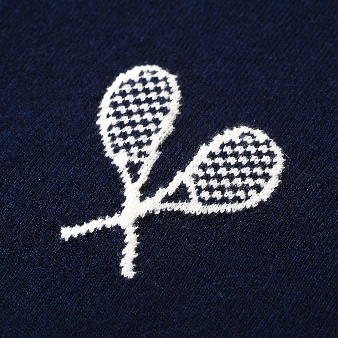 Thom Browne Tennis Racket Embroidery 4-Bar Knit Polo – Navy