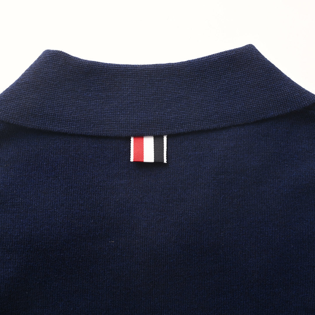 Thom Browne Tennis Racket Embroidery 4-Bar Knit Polo – Navy