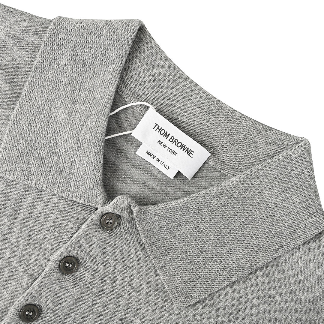 Thom Browne Tennis Racket Embroidery 4-Bar Knit Polo – Medium Grey