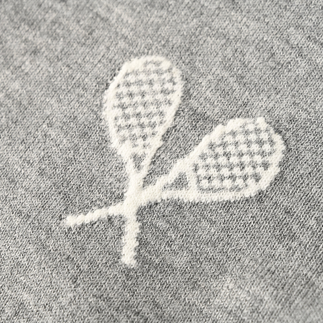 Thom Browne Tennis Racket Embroidery 4-Bar Knit Polo – Medium Grey
