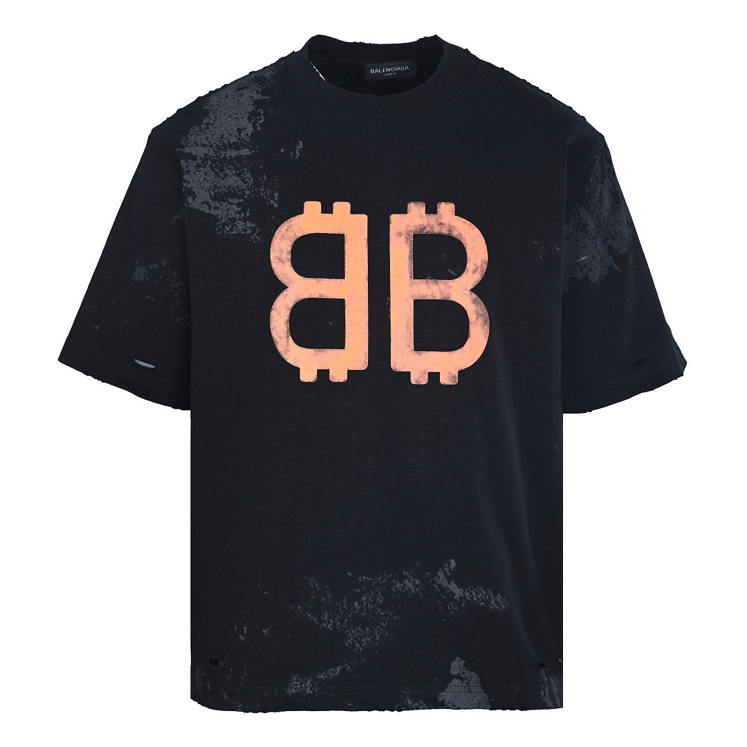 Balenciaga Double-B Bitcoin Hand-Painted Distressed Crewneck T-Shirt