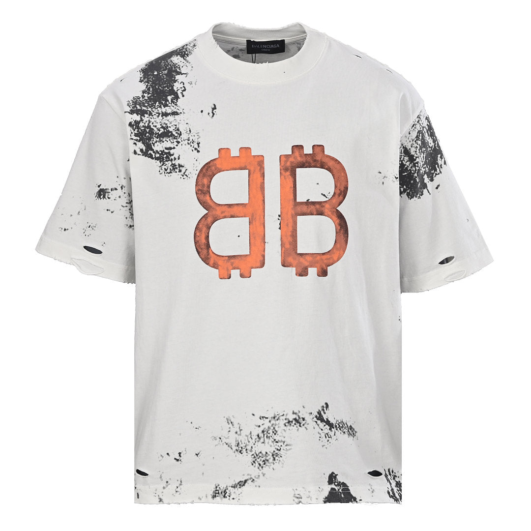 Balenciaga Double-B Bitcoin Hand-Painted Distressed Crewneck T-Shirt
