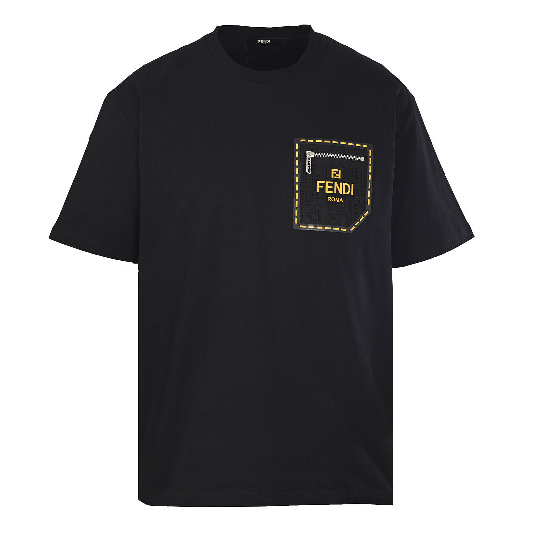 Fendi Roma Perforated Leather Zip Pocket T-Shirt — Black