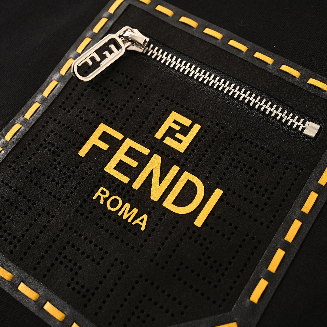 Fendi Roma Perforated Leather Zip Pocket T-Shirt — Black
