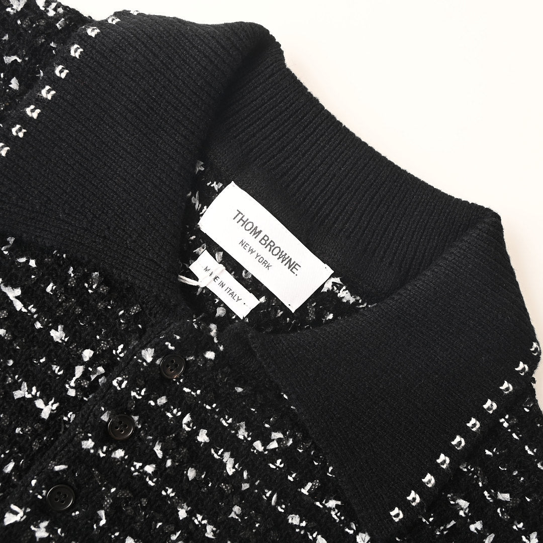 Thom Browne Bouclé Loop Knit Short-Sleeve Polo – Black & White