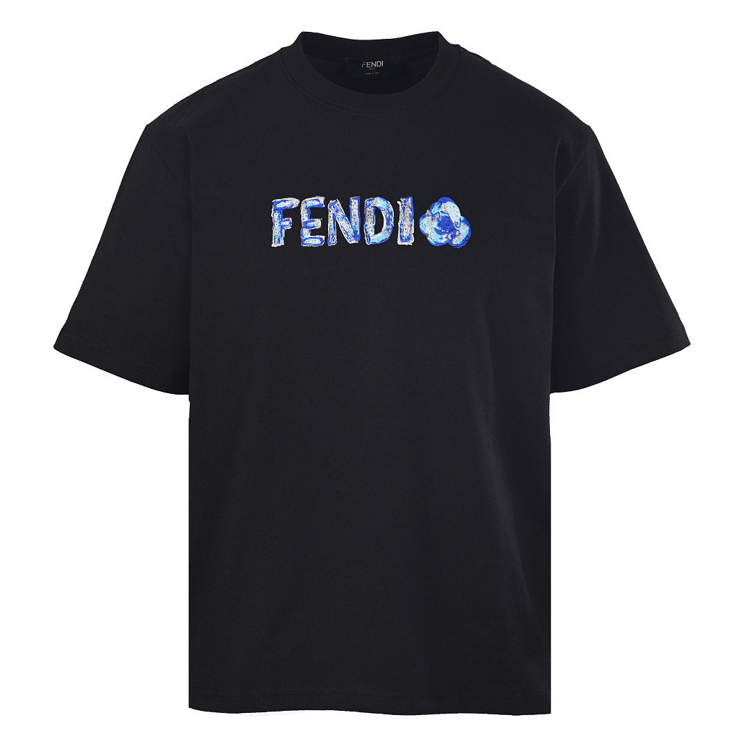 Fendi Roma Floral Embroidered Logo T-Shirt — Black