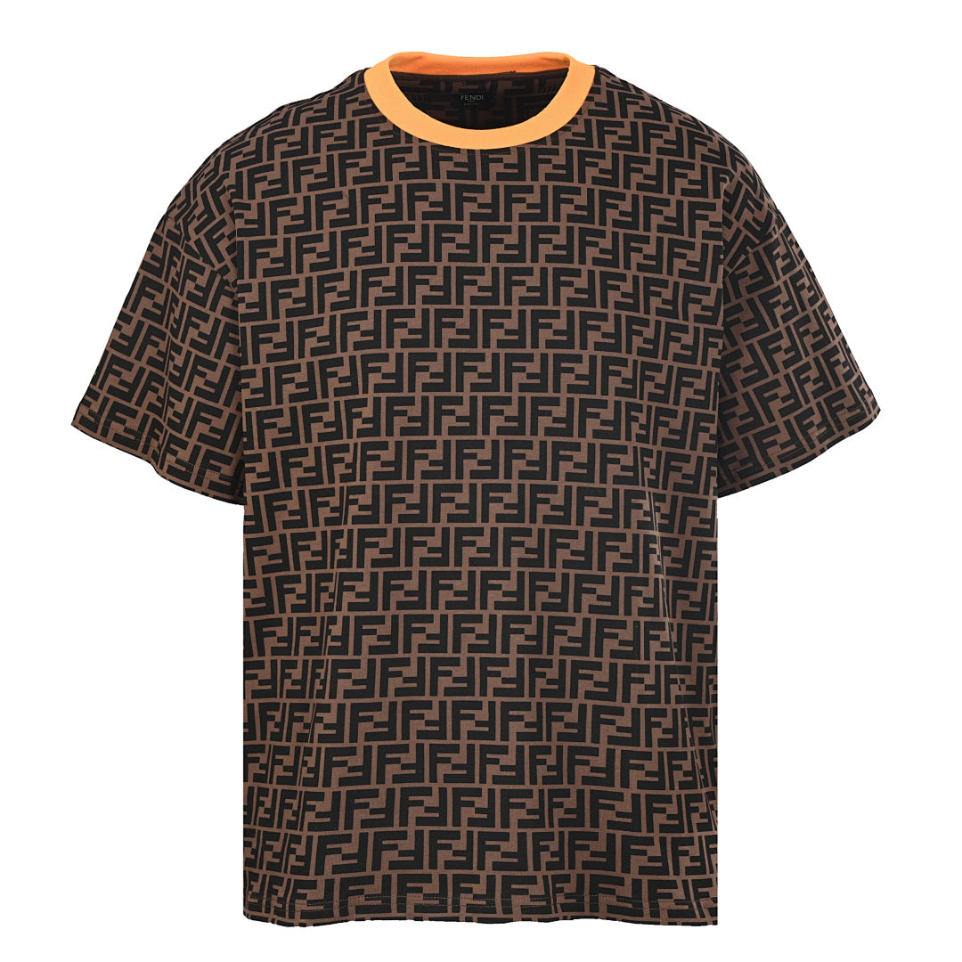 Fendi Roma All-Over FF Monogram T-Shirt — Brown / Orange Collar
