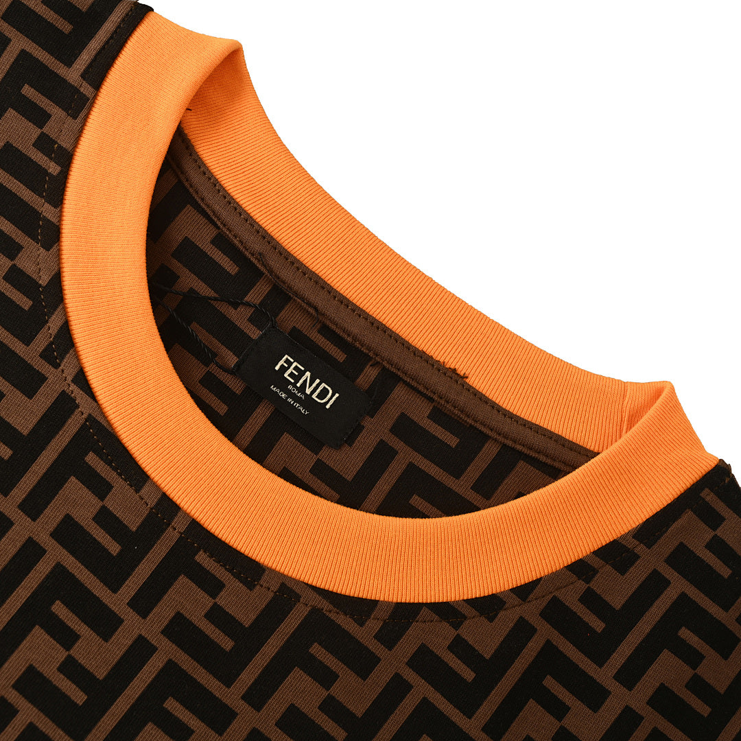 Fendi Roma All-Over FF Monogram T-Shirt — Brown / Orange Collar
