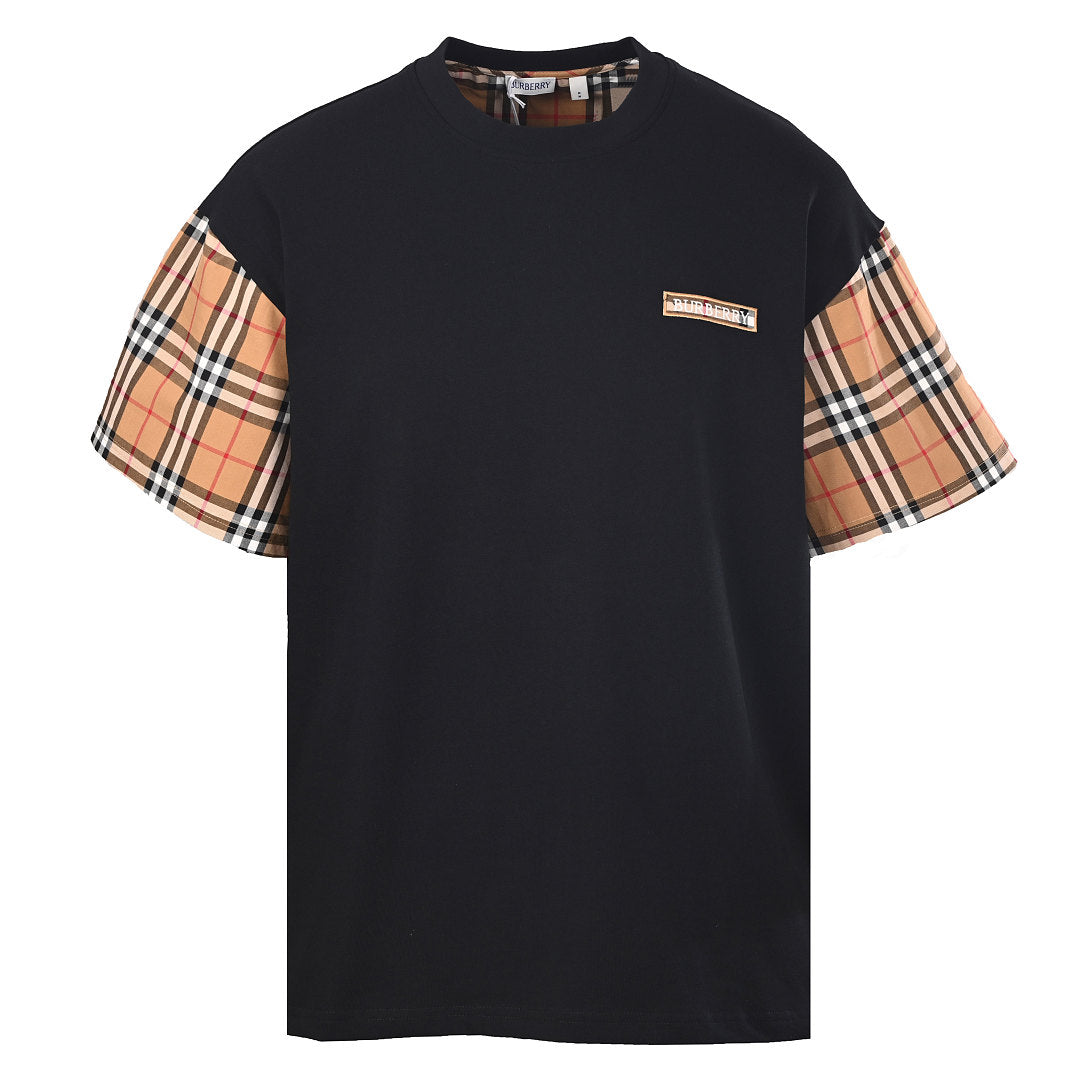 Burberry Short-Sleeve T-Shirt with Check-Pattern Sleeve Panels & Embroidered Logo
