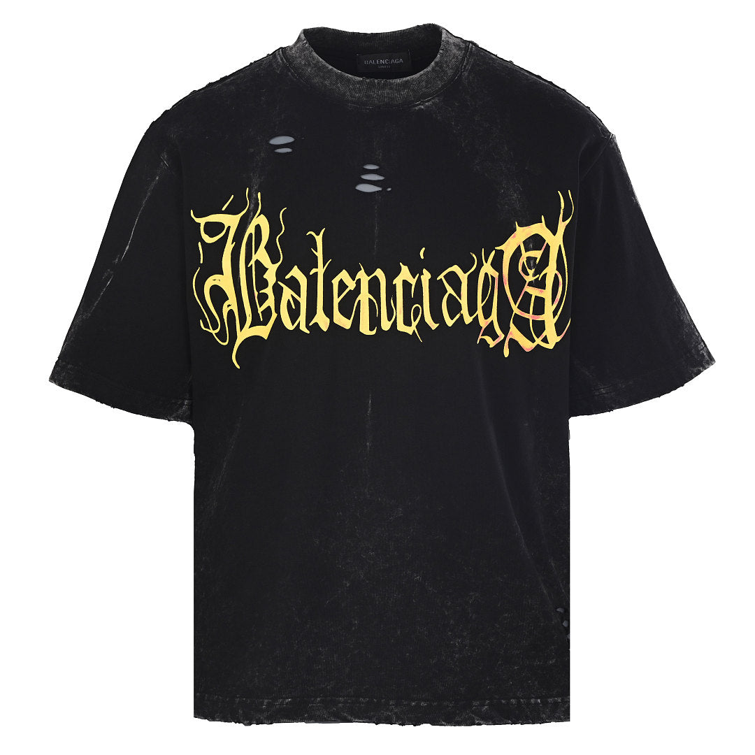 Balenciaga Gothic Metal Logo Distressed T-Shirt – Washed Black