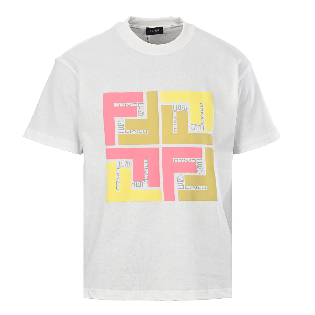 Fendi Roma FF Monogram Color-Block Print T-Shirt — White / Pink & Yellow