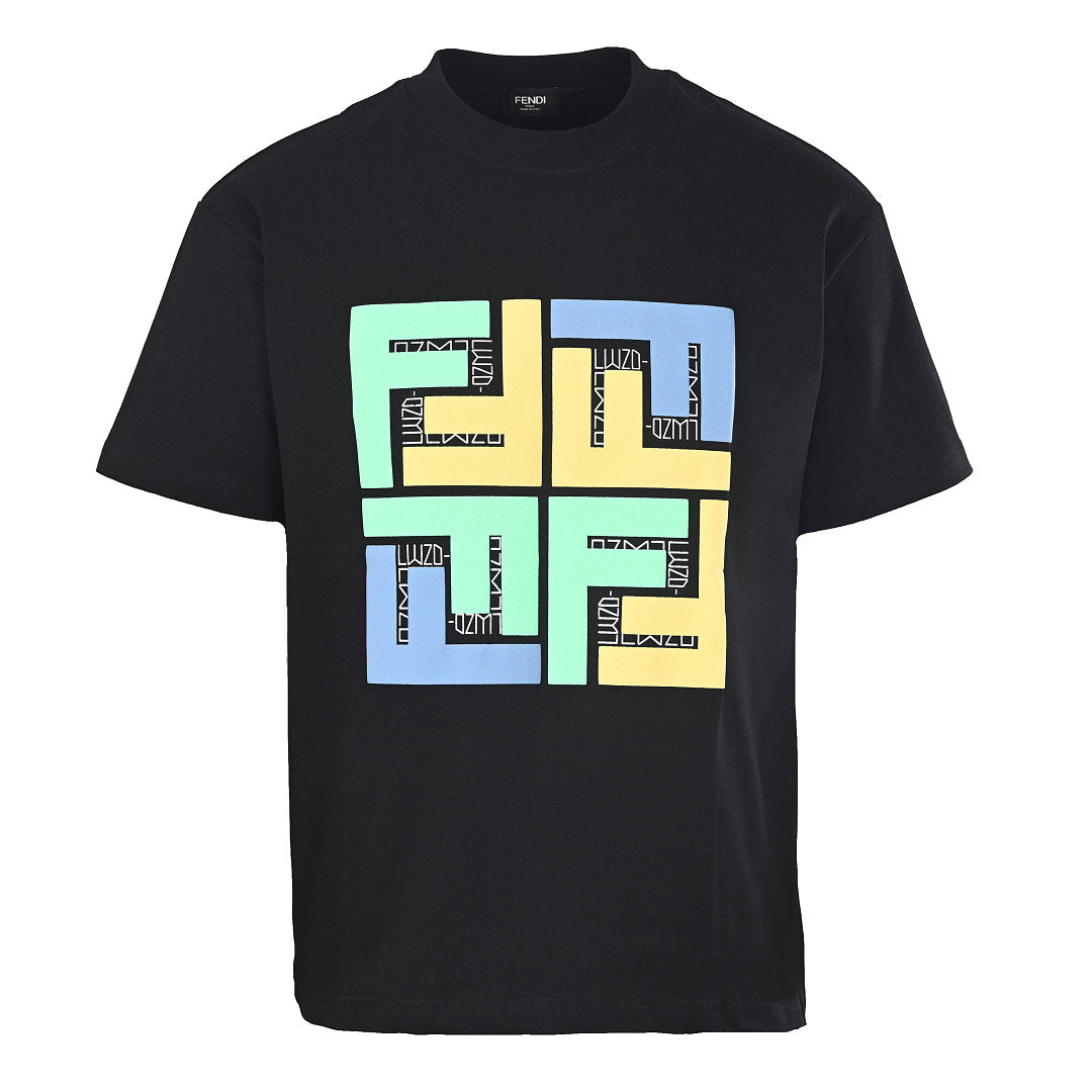 Fendi Roma FF Monogram Color-Block Print T-Shirt — BLACK/ Pink & Yellow