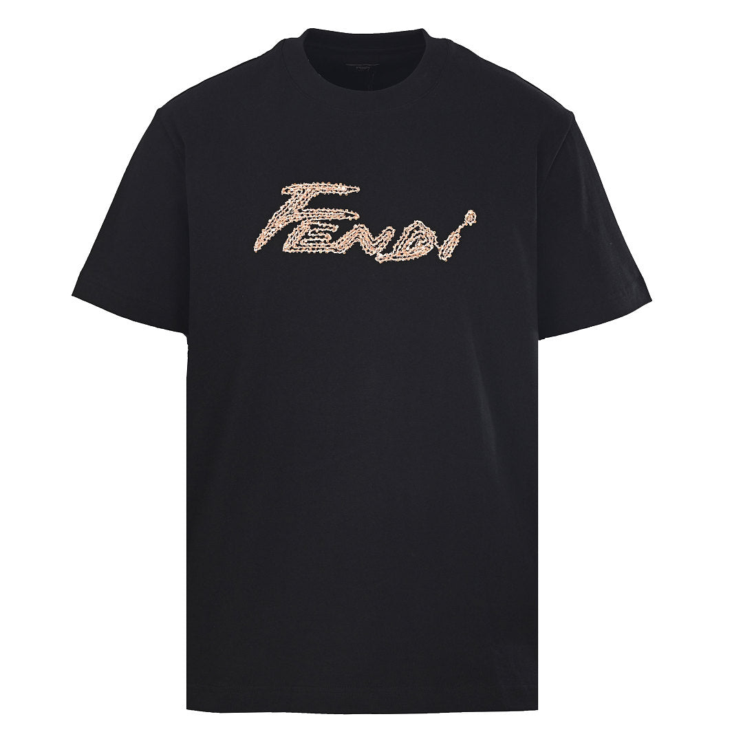 Fendi Roma Karligraphy Rose Gold Sequin Script T-Shirt — Off-Black