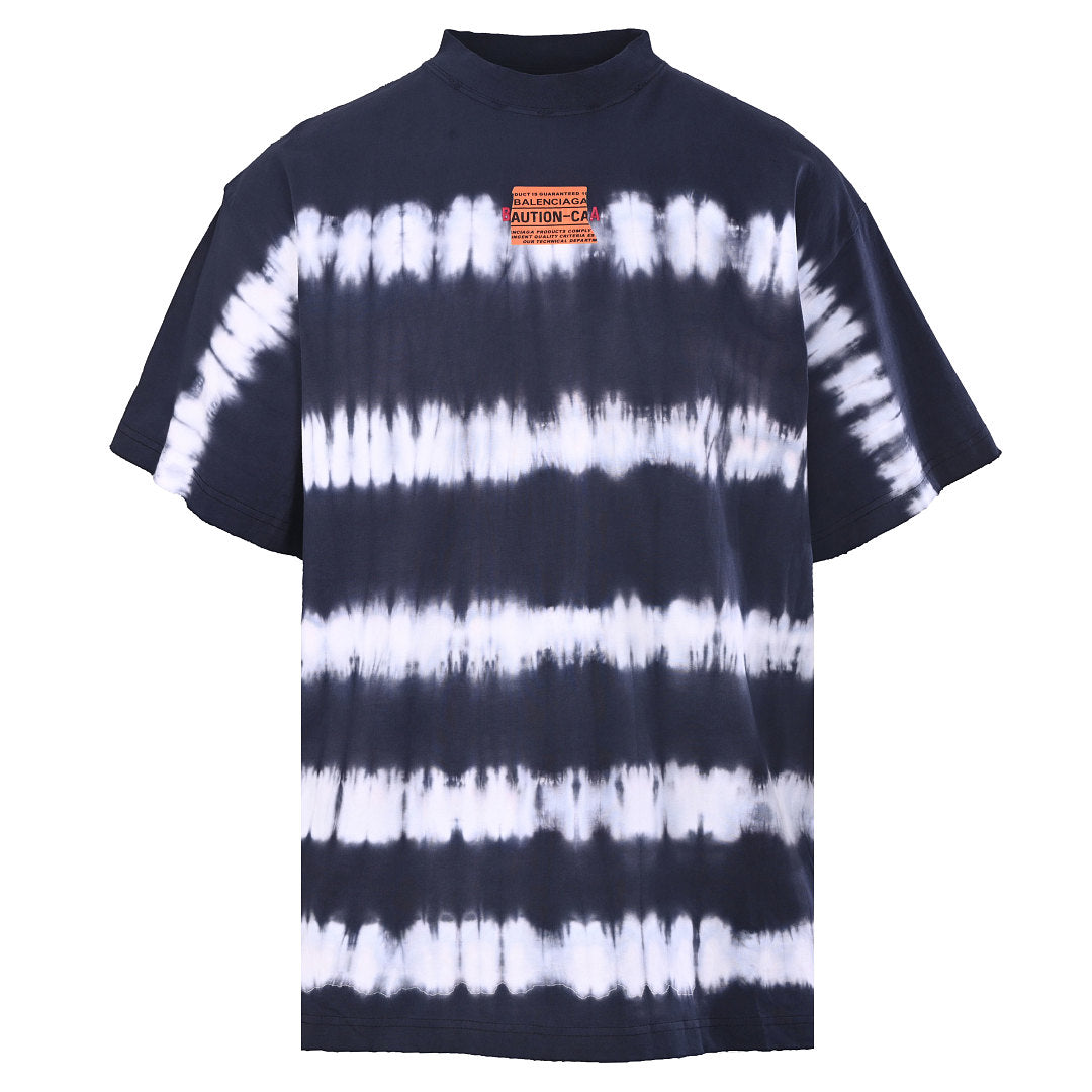 Balenciaga Caution Label Tie-Dye Stripe Oversized T-Shirt – Navy