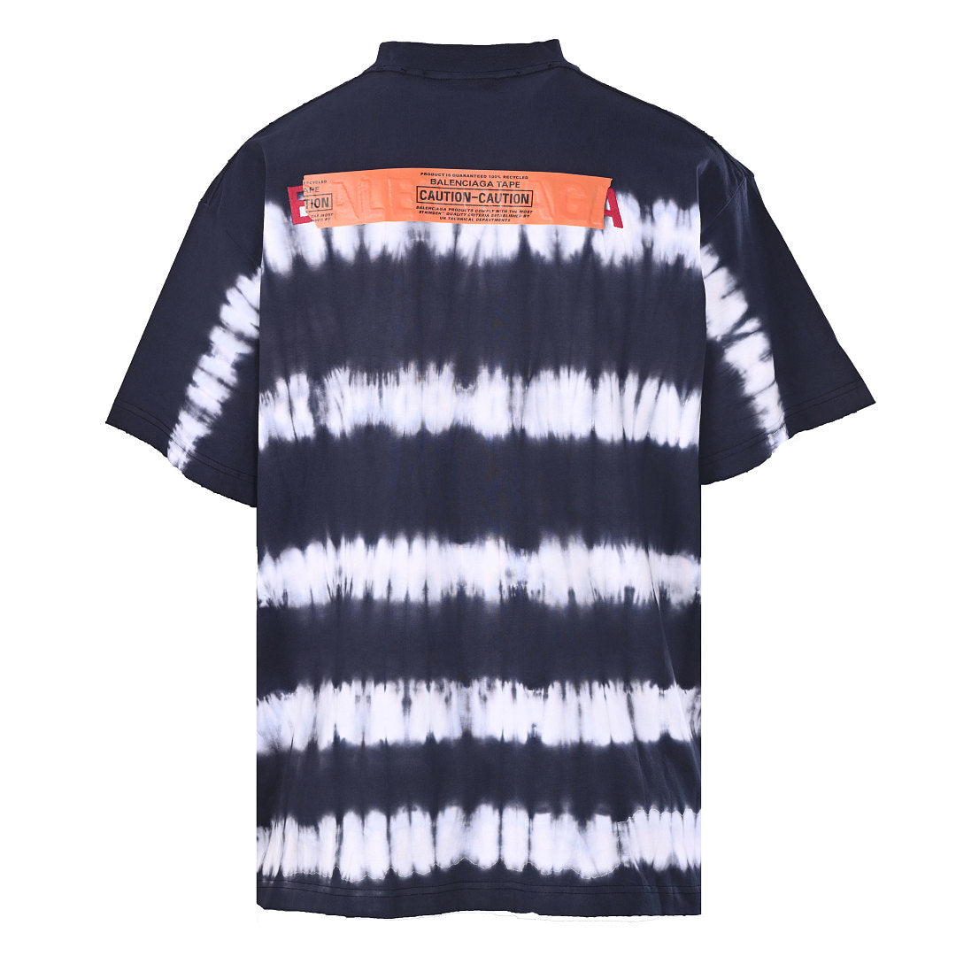 Balenciaga Caution Label Tie-Dye Stripe Oversized T-Shirt – Navy